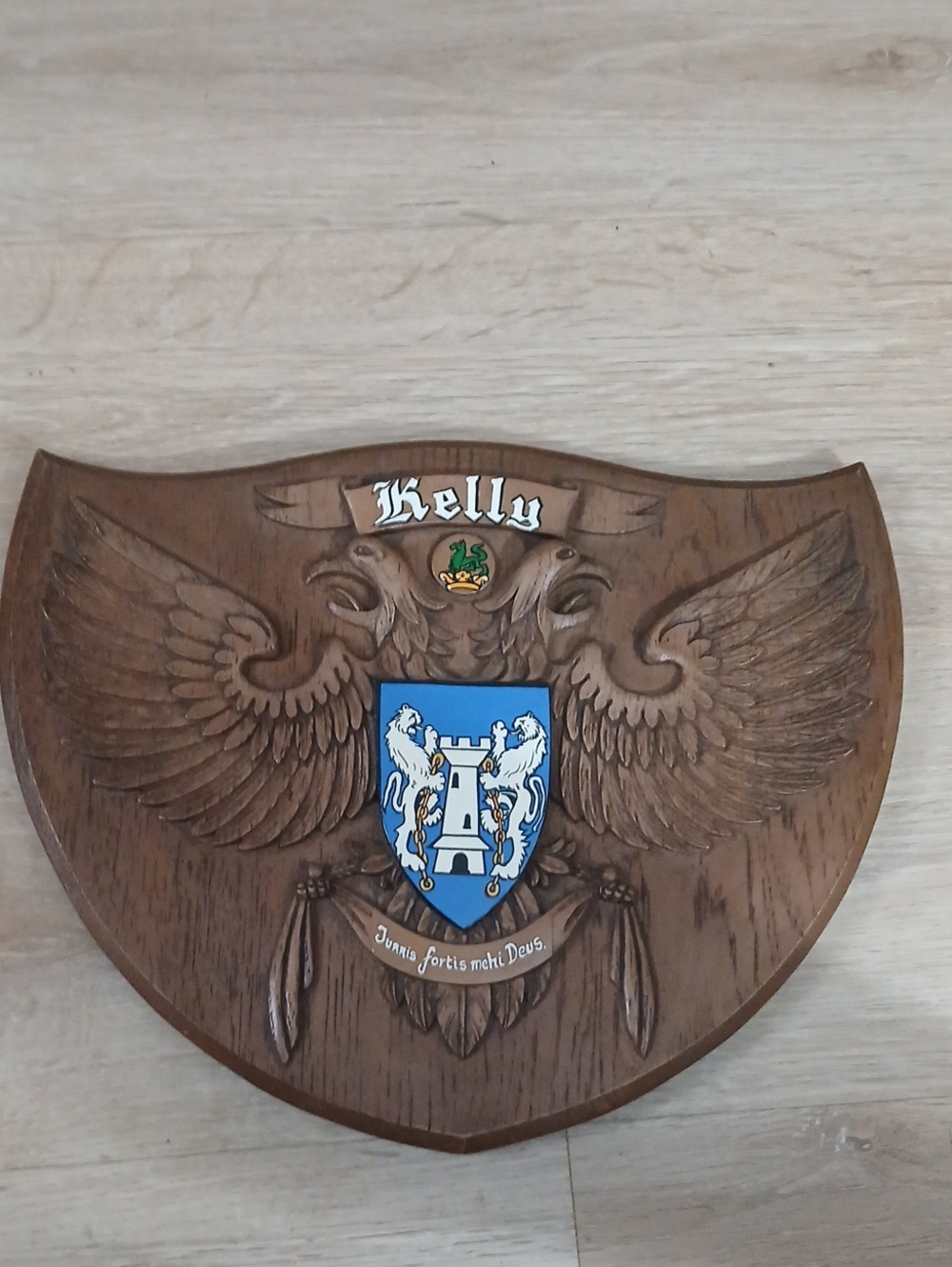 Family Crest Carved Wood Wall Plaque in Brown with Blue Shield